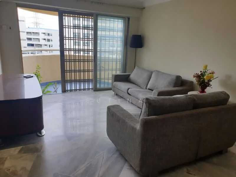 Living features: grey fabric 3-seater sofa, grey fabric 2-seater sofa, wooden coffee table, marble flooring, floor-to-ceiling sliding glass door, curtains, decorative flower arrangement, lamp, wall-mounted TV console; style: modern; view: city.
