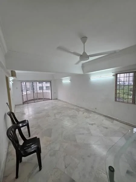 Room features: white painted walls, marble flooring, ceiling fan, large windows, grid-patterned window grills, natural light, corner space, open layout; style: minimalist; view: garden.