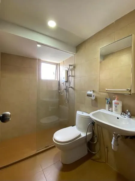 Bathroom features: walk-in shower with glass enclosure, chrome handheld shower, toilet, single-sink vanity with wall-mounted mirror, beige tiled walls, brown tiled flooring, window for natural light, wall-mounted soap dispenser, toilet paper holder, shower control panel; style: modern.