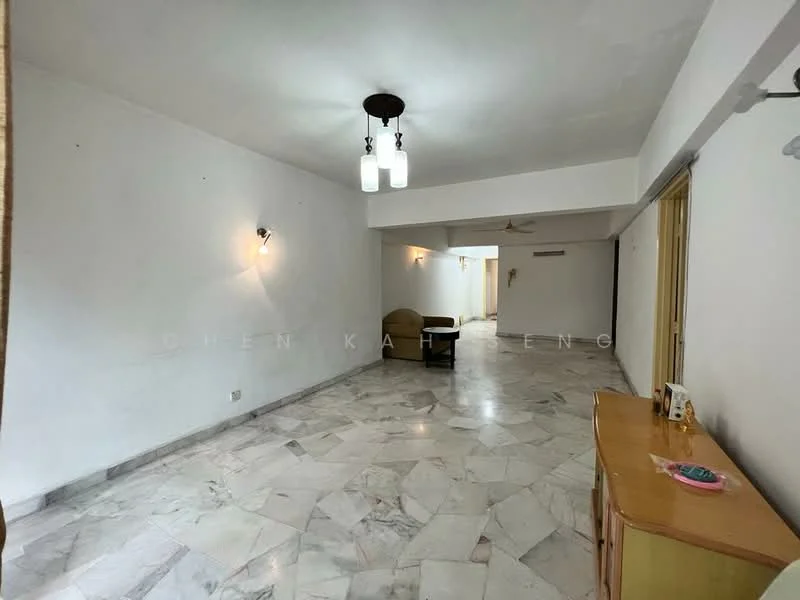 Living features: marble flooring, white painted walls, ceiling fan, 3-blade ceiling fan, 2 pendant lights, wall sconces, large windows, wooden sideboard, neutral color scheme, open layout; style: minimalist.