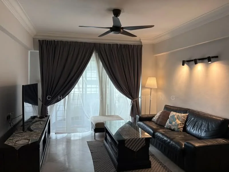 Living features: 3-seater leather sofa, coffee table, TV console, wall-mounted TV, floor-to-ceiling windows, sheer curtains, blackout curtains, 5-blade ceiling fan with light, recessed LED downlights, decorative wall sconce, area rug with geometric pattern, decorative throw pillows; style: modern.