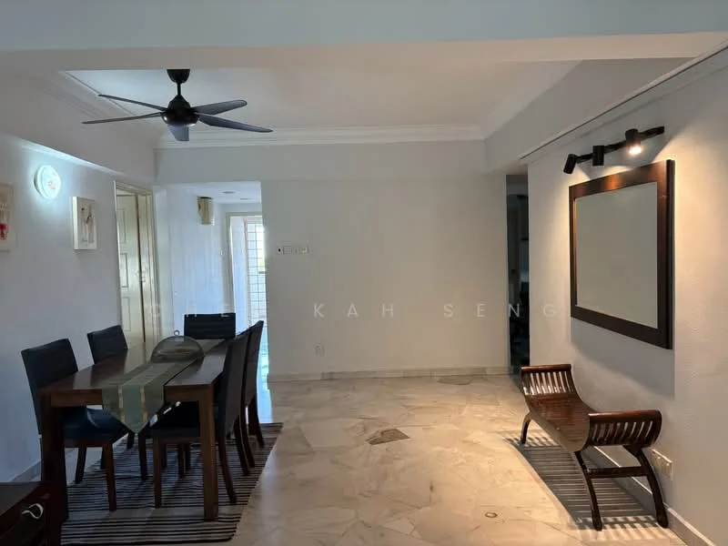 Dining features: 6-seater dining table, black upholstered dining chairs, ceiling fan with light, marble flooring, decorative wall mirror, striped area rug, wall-mounted lighting, neutral painted walls; style: modern. Room features: white painted walls, recessed ceiling, open layout.