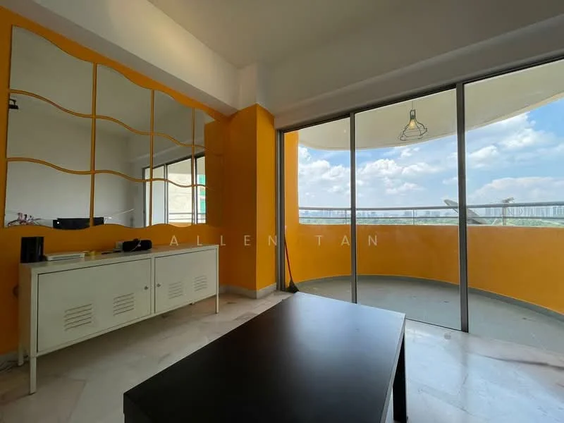 Room features: orange painted walls, white cabinetry with storage, marble flooring, large sliding glass door, balcony access, ceiling light fixture, mirror with decorative frame, coffee table; style: modern; view: city.