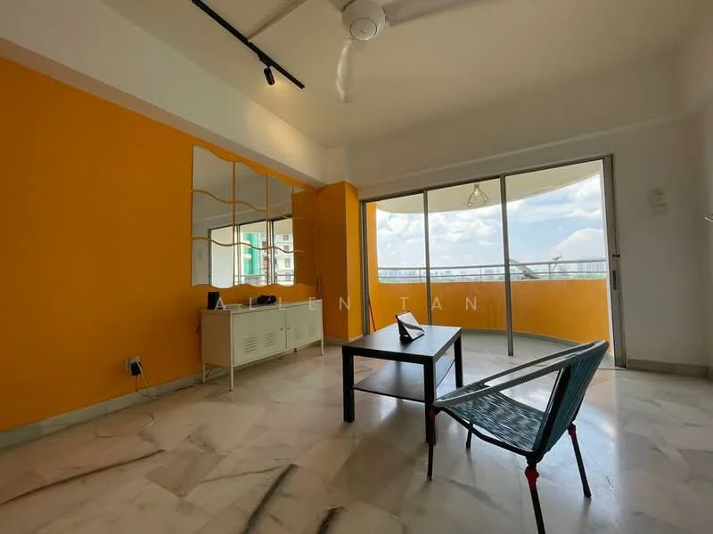 Living features: orange accent wall, white painted walls, marble flooring, 5-blade ceiling fan, large sliding glass door, floor-to-ceiling windows, mirror wall decor, coffee table, single armchair, decorative light fixture; style: modern; view: city.