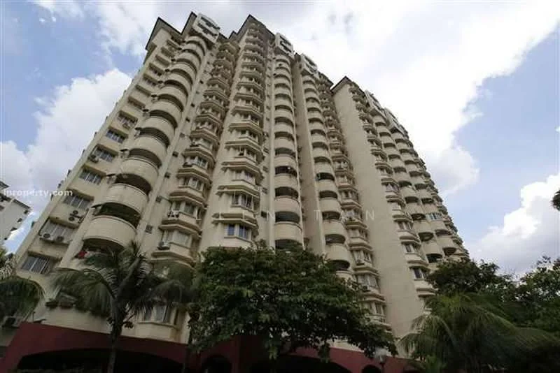 Exterior type: high-rise condominium; features: cream painted facade, recessed balconies, vertical fins, approximately 15-storey high-rise, manicured lawn, mature trees, surrounded by greenery; style: modern.