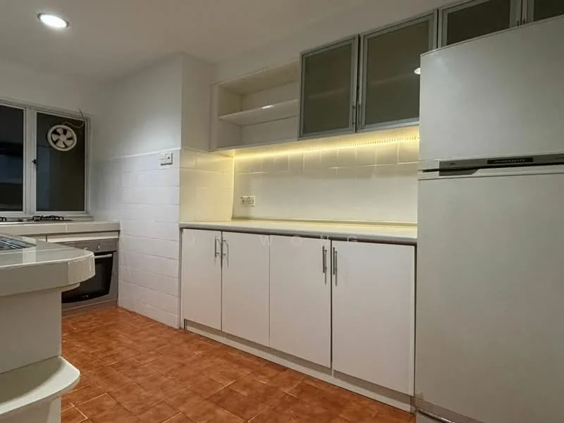 Kitchen features: white cabinetry with flat-panel doors, grey countertop, built-in oven, gas hob, stainless-steel fridge, white tiled backsplash, under-cabinet LED lighting, orange ceramic tile flooring, window with sheer curtains, exhaust fan; style: modern.