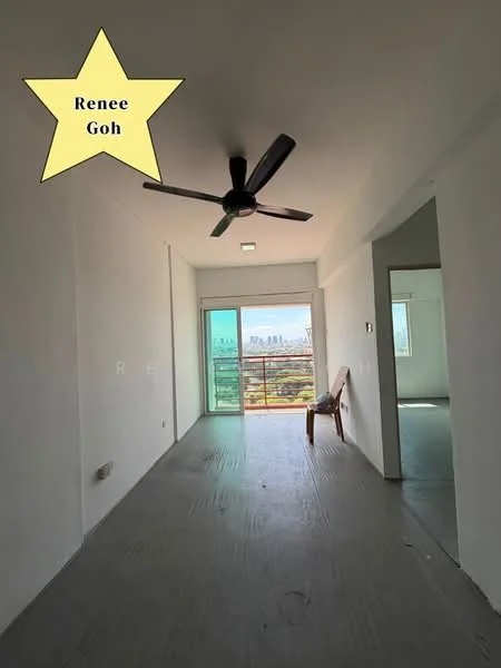 Living features: white painted walls, light grey flooring, 5-blade ceiling fan, floor-to-ceiling sliding glass door, city skyline view, natural light from window, minimalist decor, single armchair; style: modern; view: city.