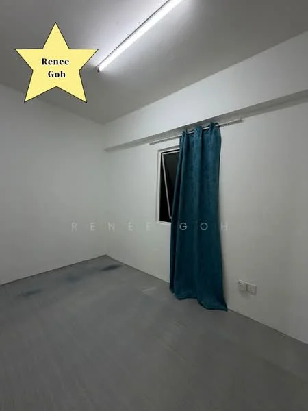 Room features: white painted walls, grey flooring, single window, blue curtain, ceiling light fixture.