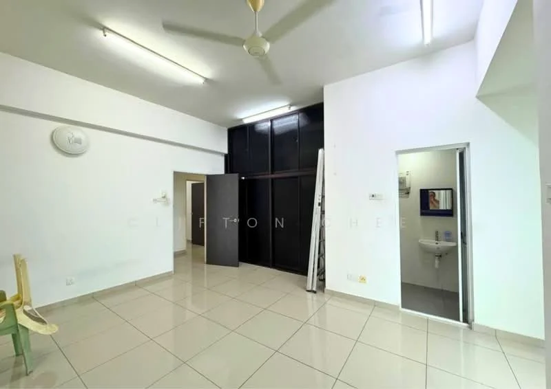 Room features: white painted walls, glossy tile flooring, ceiling fan, recessed lighting, doorway leading to bathroom, black framed glass partition, two-tone wall design, light switch, air conditioning unit; style: modern.