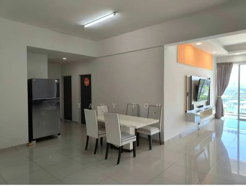 Dining features: white dining table, 4 upholstered dining chairs, stainless-steel fridge, wall-mounted TV, light-colored wall, large window with sheer curtains, glossy tile flooring, recessed ceiling lights, decorative wall panel with backlighting; style: modern; view: city.