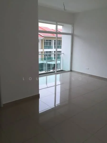 Room features: white painted walls, glossy tile flooring, floor-to-ceiling windows, sliding glass door, balcony access, natural light, neutral color scheme; style: modern; view: city.