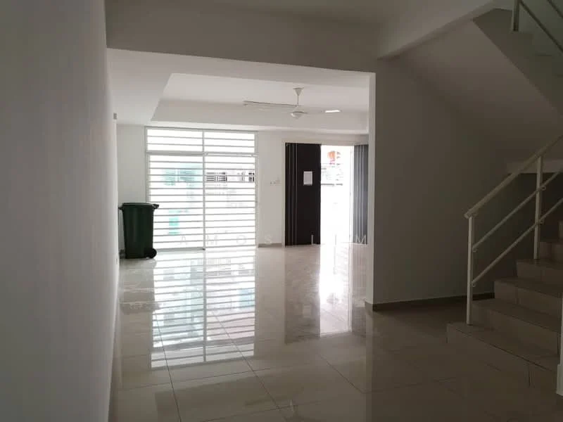 Room features: white painted walls, glossy marble tile flooring, ceiling fan, large windows with horizontal blinds, sliding glass door, staircase, green trash bin, natural light; style: modern.