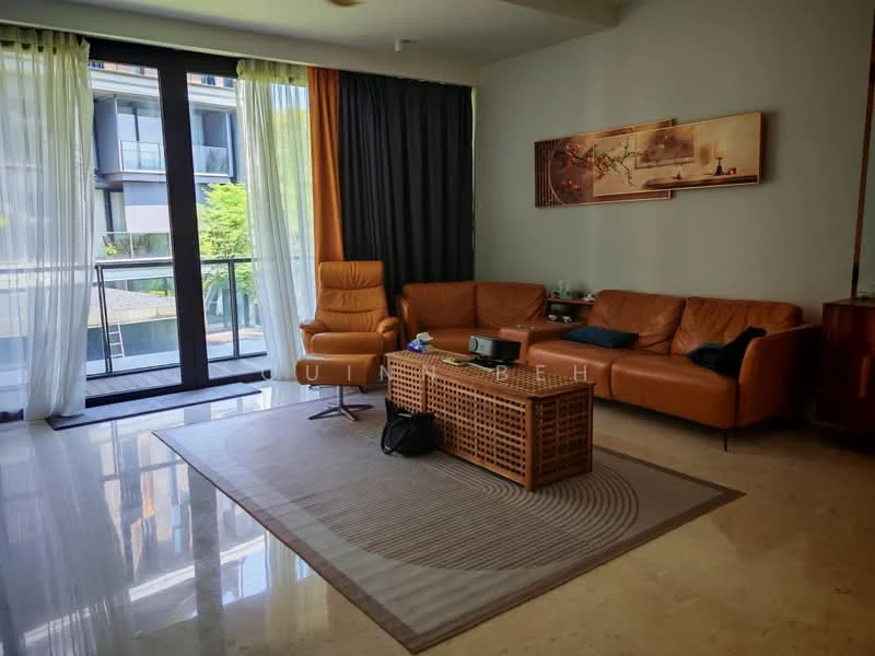 Living features: 3-seater leather sofa in brown, 2-seater leather sofa in brown, coffee table with woven design, area rug with geometric pattern, floor-to-ceiling windows, curtains in sheer and blackout fabric, marble flooring, wall-mounted artwork; style: modern; view: garden.