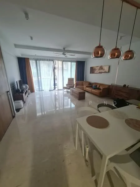 Living features: marble flooring, 5-blade ceiling fan, floor-to-ceiling windows, sliding glass door, curtains in blue and orange, L-shape sectional sofa in brown, wooden coffee table, TV console, wall-mounted TV, decorative artwork on wall, dining table with white chairs, area rug; style: modern; view: garden.