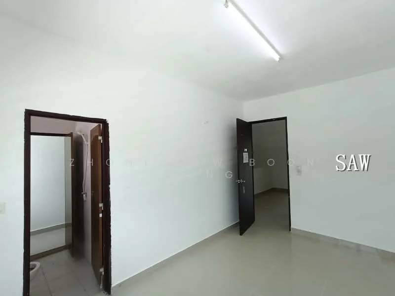 Room features: white painted walls, tile flooring, fluorescent ceiling light, two doors leading to other spaces, one door with a handle, one door leading to a bathroom, neutral color scheme.