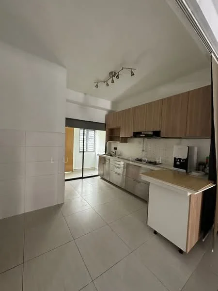 Kitchen features: light wood cabinetry, stainless-steel appliances, double-bowl stainless-steel sink, chrome pull-down faucet, white quartz countertop, tile backsplash, built-in oven, 4-burner gas hob, refrigerator, kitchen island with seating, track lighting, large window with view, sliding glass door, ceramic tile flooring; style: modern.
