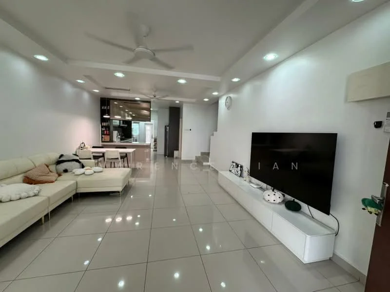 Living features: cream leather sectional sofa, white coffee table, wall-mounted flat-screen TV, white TV console, recessed LED downlights, 5-blade ceiling fan, glossy tile flooring, white painted walls, decorative wall clock, open layout to kitchen, decorative plants; style: modern. Kitchen features: kitchen island with bar seating, black cabinetry, stainless-steel appliances, open-plan layout, recessed lighting; style: modern.