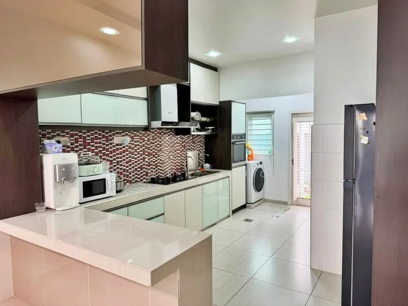 Kitchen features: white cabinetry, black countertop, stainless-steel sink, chrome pull-down faucet, built-in oven, freestanding range oven, microwave, refrigerator, washing machine, tile backsplash with red and white pattern, ceramic tile flooring, recessed downlights, window with blinds; style: modern.
