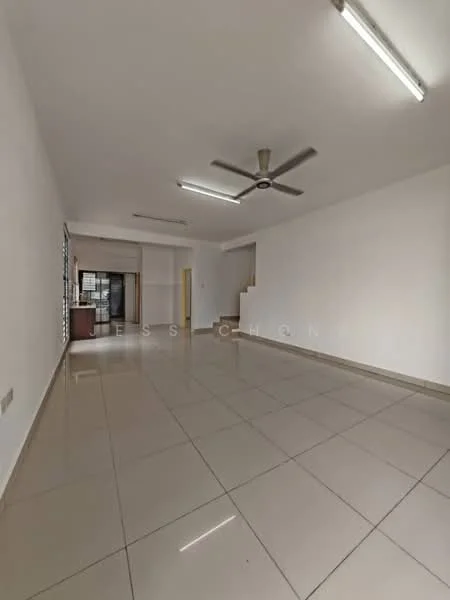 Living features: white painted walls, glossy ceramic tile flooring, ceiling fan, recessed ceiling lights, large windows, open layout, neutral color scheme, staircase visible in background; style: modern.