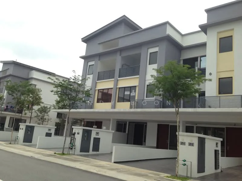 Exterior type: linked terrace house; features: grey painted facade, white painted facade, recessed balconies, flat roof, two-storey structure, manicured landscaping, paved walkway, front garden area, security gate, visible mailboxes; style: modern.