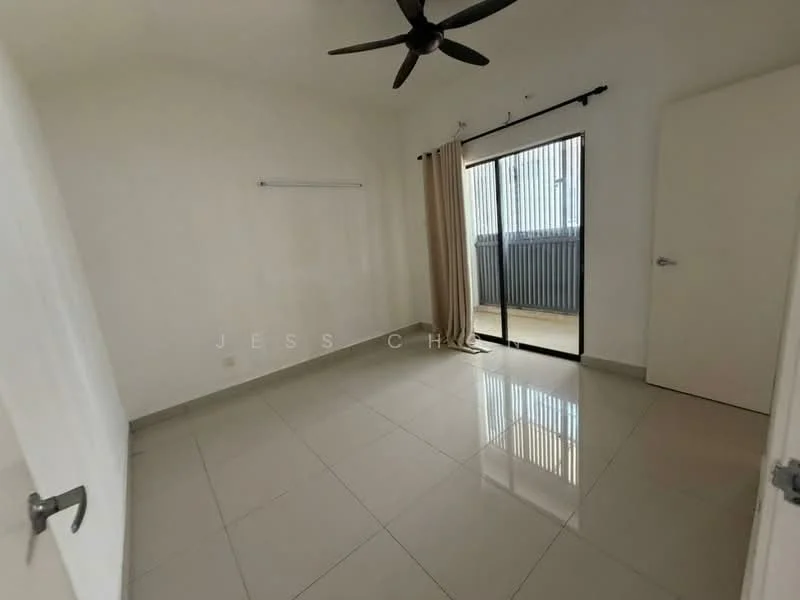 Room features: white painted walls, glossy tile flooring, 5-blade ceiling fan, floor-to-ceiling sliding glass door, curtains, balcony access, neutral color scheme, no visible furniture; style: minimalist.