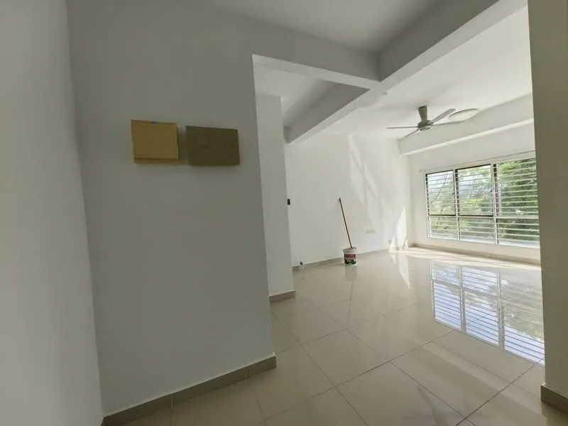 Room features: white painted walls, glossy tile flooring, 5-blade ceiling fan, large windows with horizontal blinds, natural light from windows, paint bucket on the floor, corner wall with electrical boxes; style: modern; view: garden.