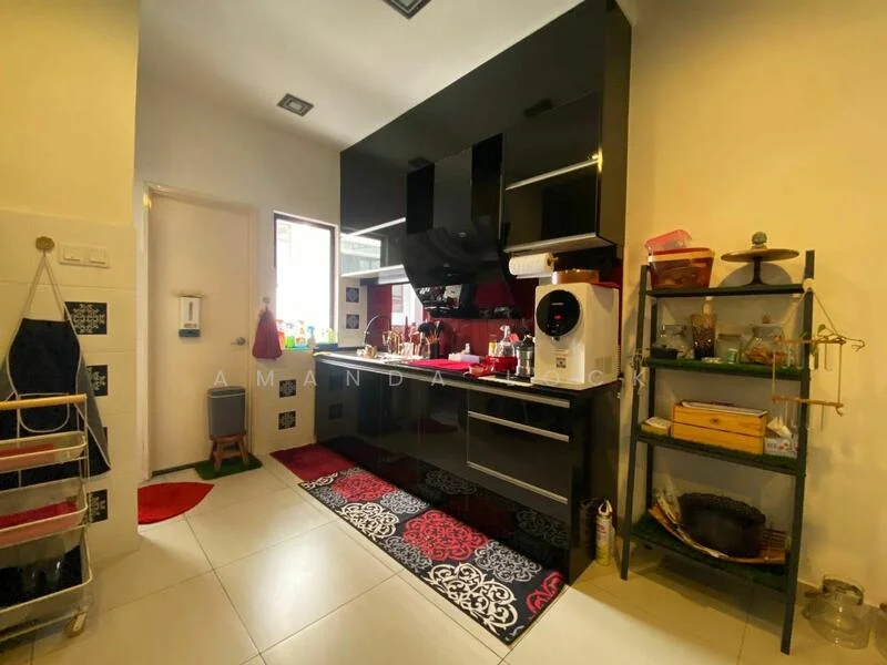 Kitchen features: black high-gloss cabinetry, white countertop, stainless-steel sink, chrome faucet, built-in oven, stovetop with hood, red and black patterned area rug, open shelving unit, wall-mounted storage rack, tile backsplash, white tiled flooring, window above sink, kitchen appliances visible; style: modern.
