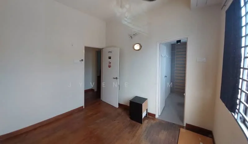 Room features: wooden flooring, white painted walls, ceiling fan, door with handle, door with window, light fixture, window with grille, corner shelf, built-in wardrobe.