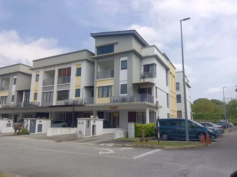 Exterior type: linked terrace house; features: white painted facade, yellow accent panels, flat roof, three-storey building, balconies on upper floors, manicured landscaping, driveway with interlocking pavers, open-air parking lot, street lighting, surrounded by greenery; style: modern.