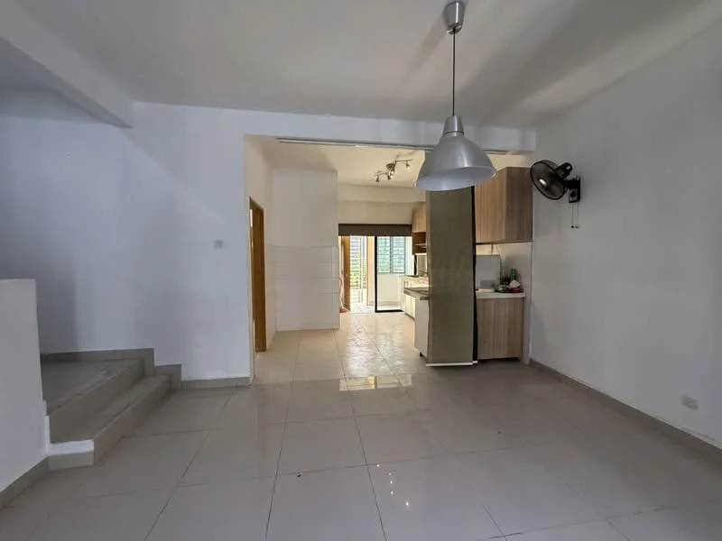 Living features: white painted walls, glossy tile flooring, recessed downlights, pendant light, ceiling fan, open layout, staircase with white risers, large windows, kitchen area visible in background, wood cabinetry, countertop, door leading outside; style: modern.