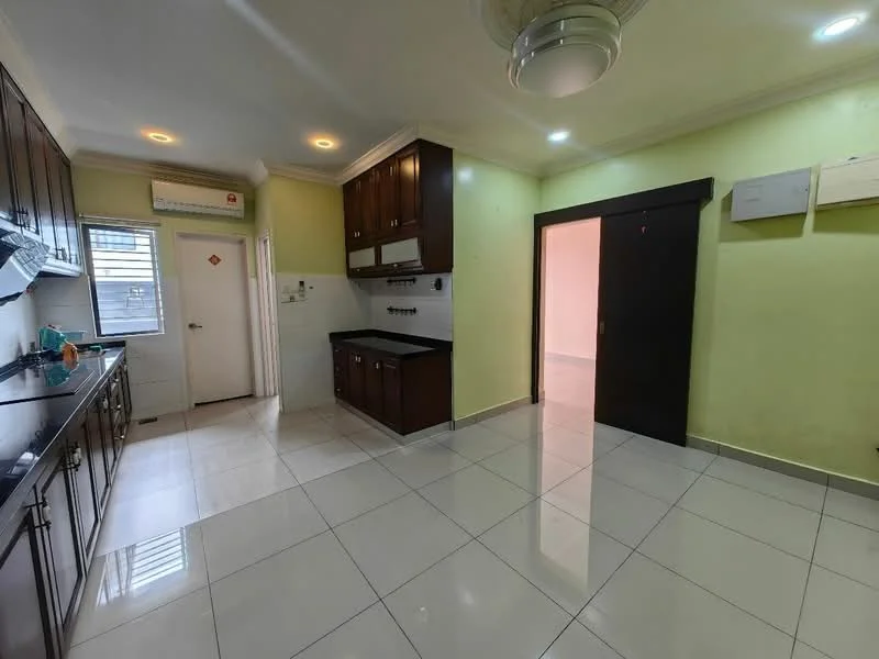 Kitchen features: brown wooden cabinetry, black granite countertop, single-bowl stainless-steel sink, chrome pull-down faucet, built-in oven, 4-burner gas hob, white tiled backsplash, ceramic tile flooring, recessed downlights, wall-mounted split AC, door leading to hallway, window with sheer curtains; style: modern. Room features: light green painted walls, white ceiling, door leading to another room.
