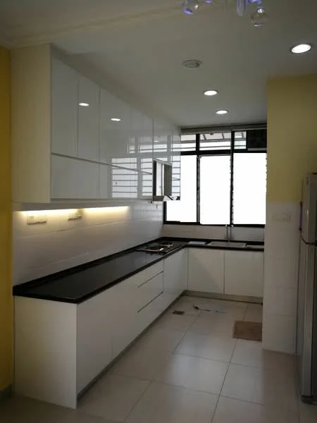 Kitchen features: white high-gloss cabinetry, black granite countertop, stainless-steel sink, chrome pull-down faucet, built-in gas hob, built-in oven, white tiled backsplash, recessed LED downlights, large window for natural light, grey tile flooring; style: modern.