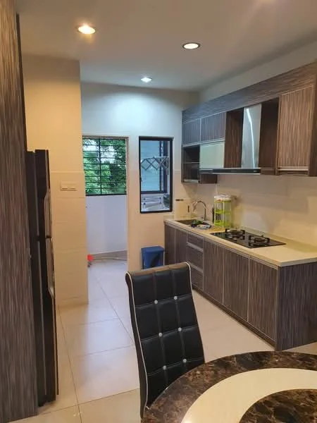Kitchen features: dark wood cabinetry, white countertop, stainless-steel sink, chrome pull-down faucet, 4-burner gas hob, built-in oven, stainless-steel fridge, tile backsplash, recessed downlights, floor-to-ceiling windows, ceramic tile flooring, open layout, dining table with black upholstered chairs; style: modern; view: garden. Room features: window with metal grille, exposed brick wall, light-colored walls.