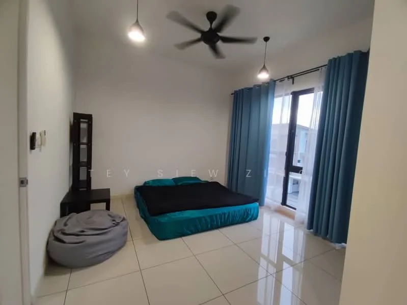 Bedroom features: queen-size bed with black bedding, floor-to-ceiling windows, blue curtains, white painted walls, polished ceramic tile flooring, 5-blade ceiling fan, bean bag chair, black shelving unit; style: modern.