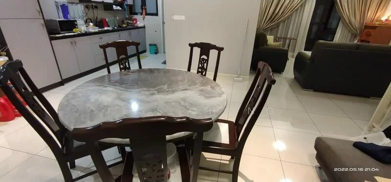 Dining features: round marble dining table, 4 wooden dining chairs, white tiled flooring, grey cabinetry, black appliances, recessed lighting, curtains, open layout to living area; style: modern. Living features: fabric sofa, coffee table, floor lamp, decorative cushions, TV console, wall-mounted TV, area rug; style: modern.