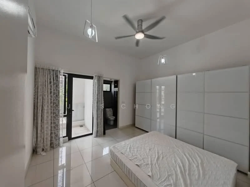 Bedroom features: white painted walls, glossy tile flooring, 5-blade ceiling fan with light, floor-to-ceiling windows, sliding glass door, sheer curtains, built-in wardrobe with sliding doors, unmade bed with mattress; style: modern.