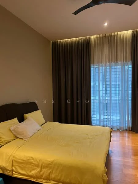 Bedroom features: king-size bed with yellow bedding, upholstered headboard, floor-to-ceiling windows, sheer curtains, dark brown curtains, wooden flooring, 5-blade ceiling fan with light, decorative wall lighting, neutral painted walls; style: modern; view: city.
