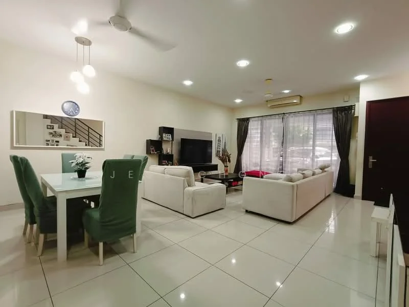 Living features: white painted walls, glossy tile flooring, 5-blade ceiling fan with light, recessed downlights, sofa in cream fabric, 2-seater sofa in grey fabric, coffee table, TV console, wall-mounted TV, decorative wall mirror, dining table with white surface, 4 green upholstered dining chairs, large windows with sheer curtains; style: modern.