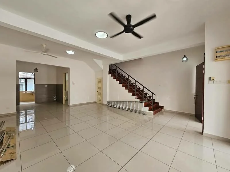 Living features: white painted walls, glossy tile flooring, 5-blade ceiling fan, recessed downlights, staircase with wooden steps, open layout, large windows for natural light, wall-mounted light fixture; style: modern. Kitchen features: white painted walls, glossy tile flooring, kitchen cabinetry, countertop, sink area, open layout to living area; style: modern.