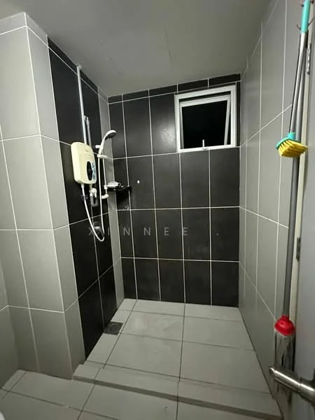 Bathroom features: grey tiled walls, white tiled walls, ceramic tile flooring, walk-in shower, shower head, shower control panel, small window, chrome towel rail, soap holder, non-slip floor tiles; style: modern.