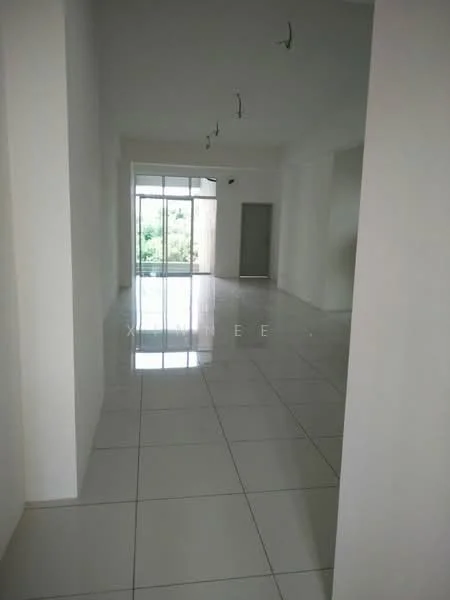 Room features: white painted walls, glossy ceramic tile flooring, large floor-to-ceiling windows, sliding glass door, recessed downlights, open layout, neutral color scheme, high ceiling; style: modern; view: garden.