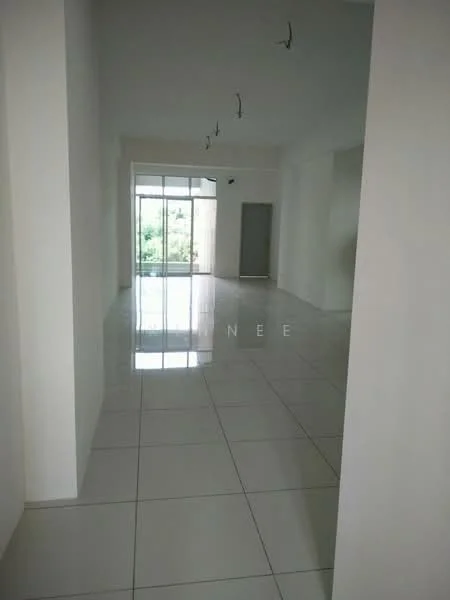 Room features: white painted walls, glossy ceramic tile flooring, large floor-to-ceiling windows, sliding glass door, recessed downlights, open layout, neutral color scheme, high ceiling; style: modern; view: garden.