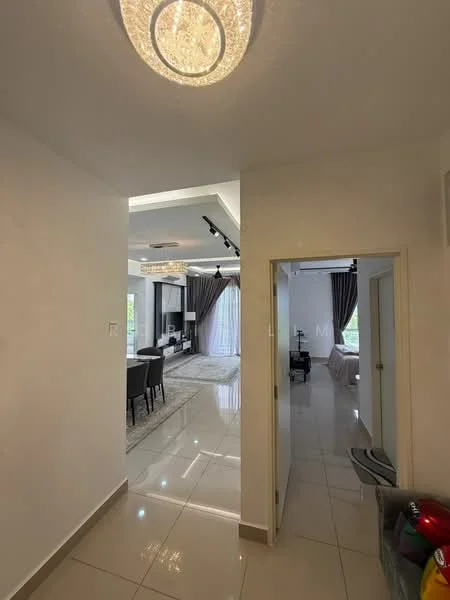 Room features: white painted walls, glossy tile flooring, chandelier light fixture, recessed ceiling lights, large windows with sheer curtains, grey area rug, dining table with chairs, sofa set, decorative wall art, curtains, open layout, doorway leading to another room; style: modern; view: garden.