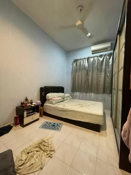 Bedroom features: queen-size bed, upholstered headboard, 2 bedside lamps, wall-mounted split AC, curtains, white painted walls, tile flooring, ceiling fan, built-in wardrobe with sliding doors, decorative rug.