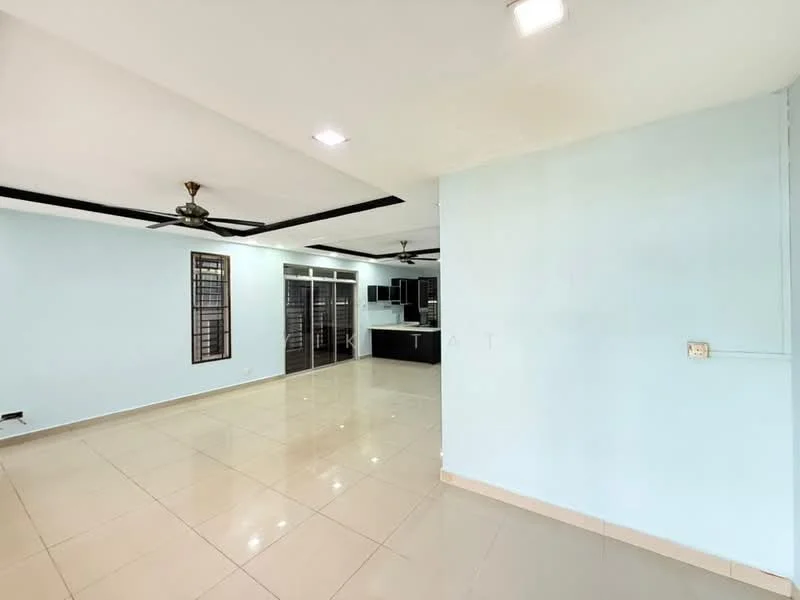 Living features: light blue painted walls, white ceiling, recessed downlights, 2 ceiling fans, glossy beige tile flooring, sliding glass door, black kitchen cabinetry visible, open layout to kitchen, window with security grille; style: modern.