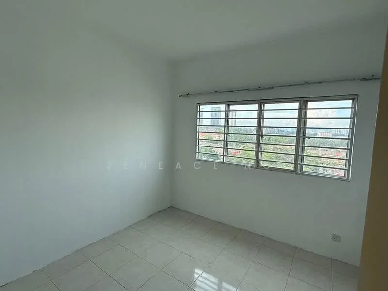 Room features: white painted walls, tile flooring, sliding windows with metal grilles, city view from window, natural light from window; view: city.