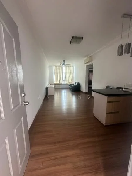 Living features: laminate flooring, white painted walls, floor-to-ceiling windows, sheer curtains, 5-blade ceiling fan with light, recessed downlights, black leather sofa, coffee table, TV console, open kitchen layout with island; style: modern.