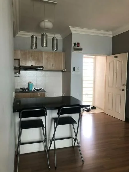 Kitchen features: black countertop, stainless-steel gas hob, wood cabinetry, white tiled backsplash, pendant lighting, bar stools, laminate flooring, door leading to entrance; style: modern.