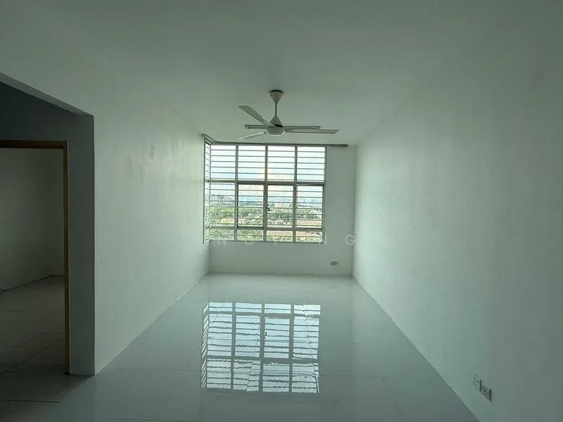 Room features: white painted walls, glossy white tile flooring, 5-blade ceiling fan, large windows, natural light, city view; style: minimalist; view: city.