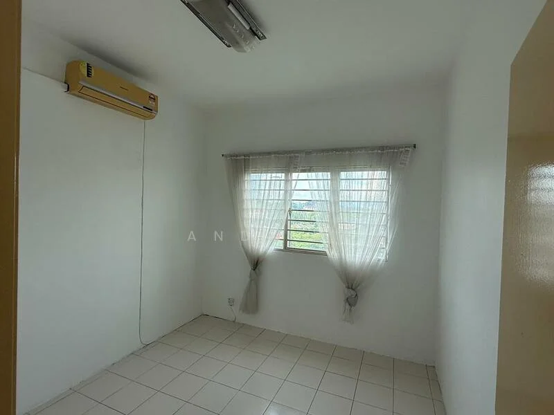 Room features: white painted walls, tile flooring, 1 wall-mounted split AC, window with sheer curtains, natural light from window, plain ceiling, no visible furniture.